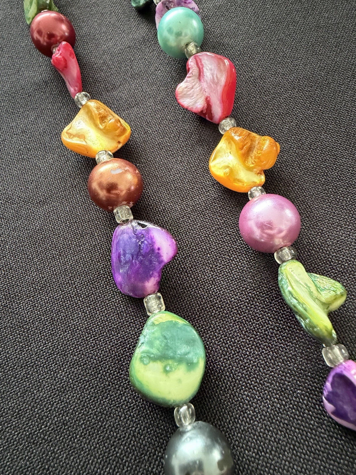 Bright Rainbow Multicoloured Pearl Beaded Long Lariat Flapper Layering Necklace
