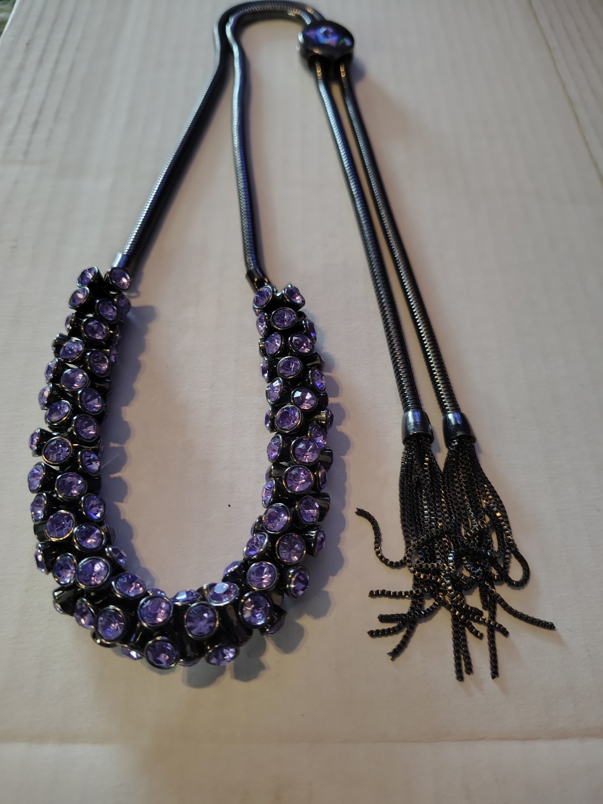 Chicos Purple Rhinestone Crystal Statement Bib Necklace Adjustable Bolo Tassel