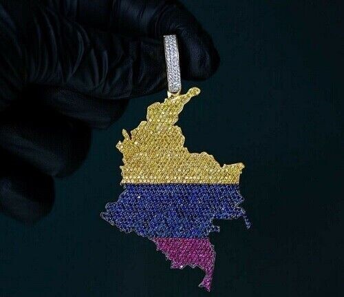 Colombia Map Pendant Hip Hop Style Gemstones Solid 925 Sterling Silver Chain