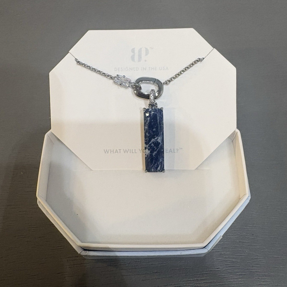 Brighton Hematite Plated Lapis Lazuli Magnesite Bar Pendant Necklace 18″ NK48480