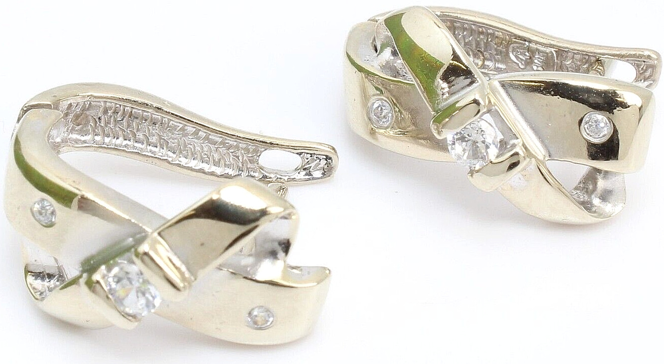 Earrings Solid 5.8gm 14k White Gold Criss Cross Bow Ladies Pierced Snap w/ CZ