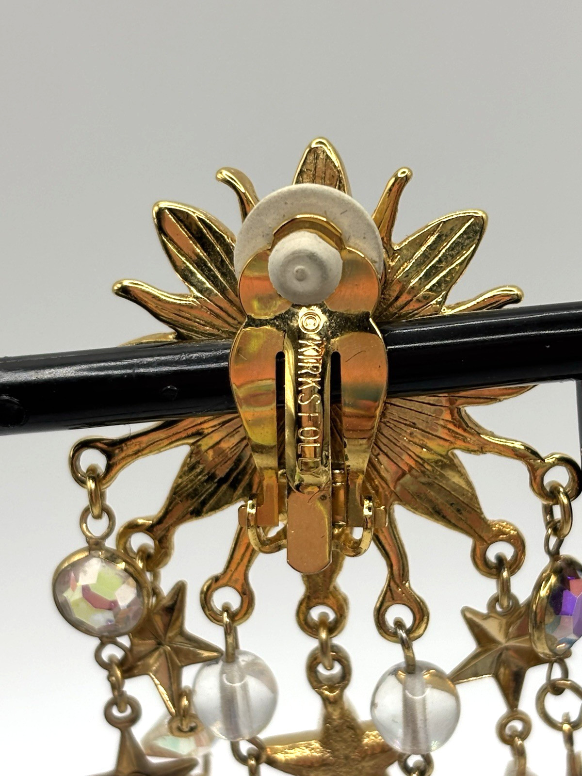 Kirks Folly Clip-On Celestial Sun Stars Vintage Dangle Gold Tone Earrings 3″