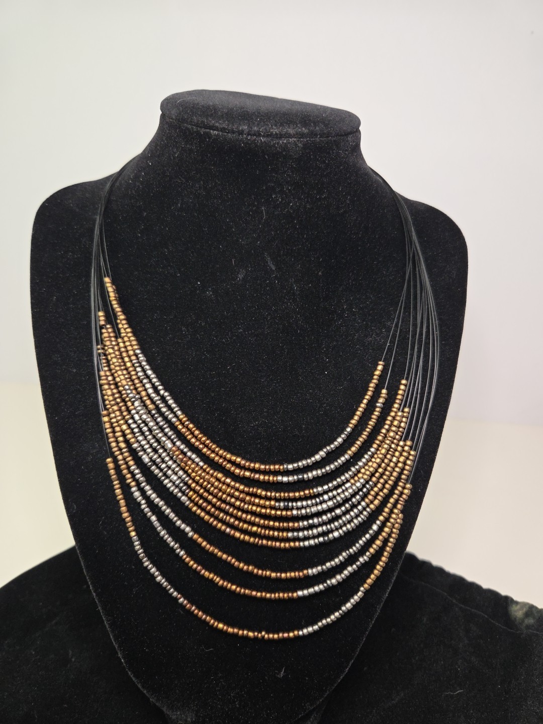 Chico’s Layered Copper & Silver Toned Necklace On Black Wire 16″ To 20″