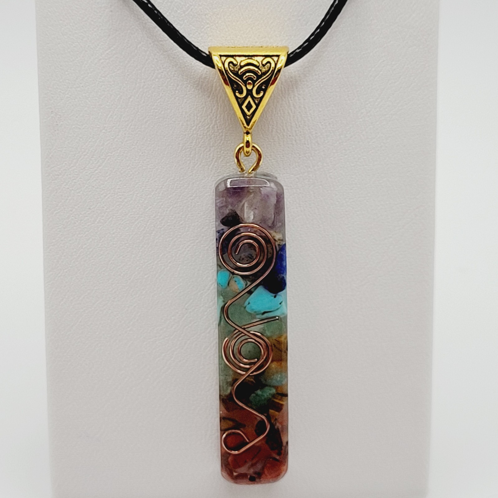 Modern Stone Chip Chakra Healing Meditation Pendant Faux Leather Cord Necklace