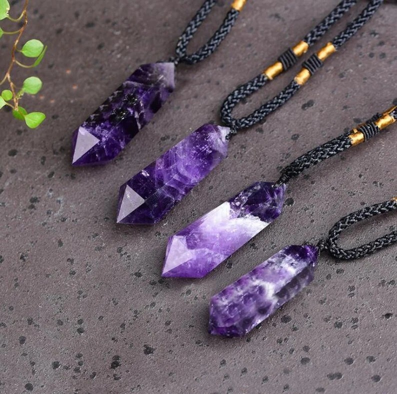 Chevron Amethyst Double Point Pendant Necklace Healing Protection Crystal Gifts