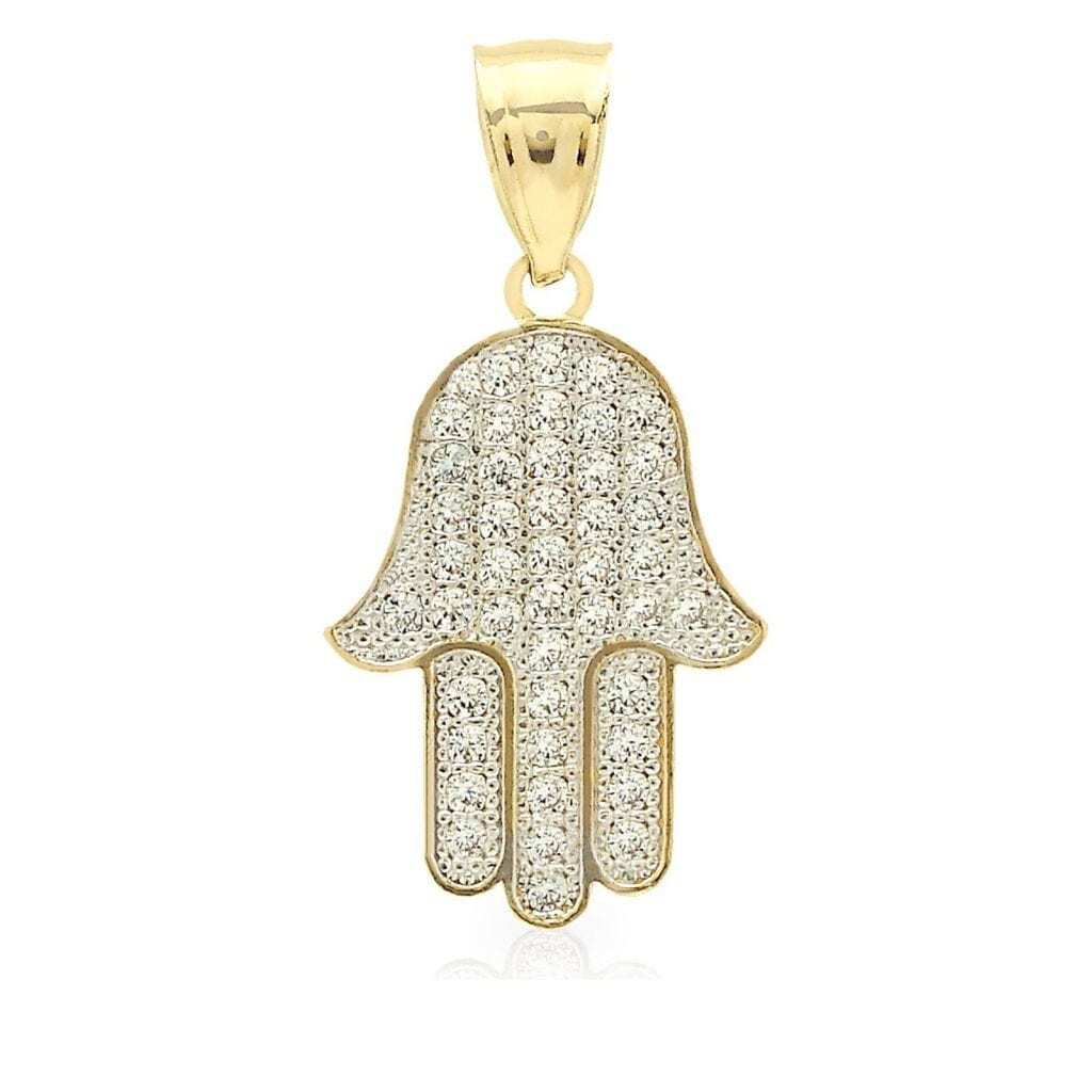 14K Real Gold 0.50CTW Simulated Diamond Hamsa Hand Of Fatima Charm Pendant 1″