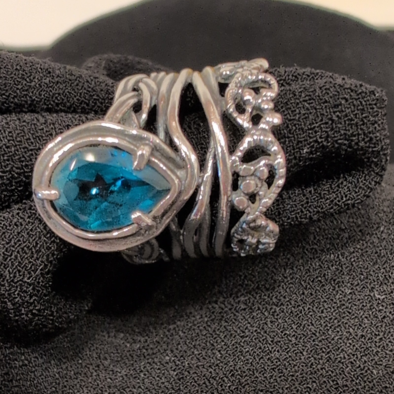 925 Sterling Silver Blue Pear Tear drop Crystal Prong-Set Israel Band Ring SZ 7