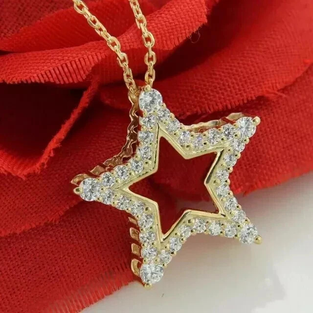 14k Yellow Gold Plated 1.50Ct Round Simulated Diamond Star Pendant Free 18″Chain