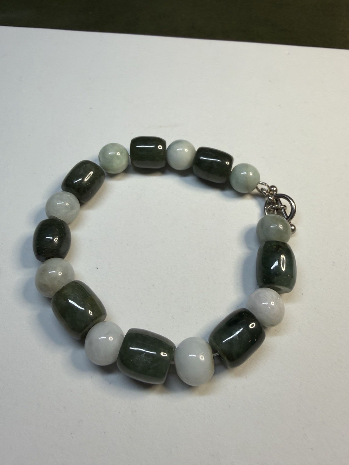 Vintage Natural Green Nephrite Jade & Agate Barrel Bead Toggle Bracelet 19.5cm