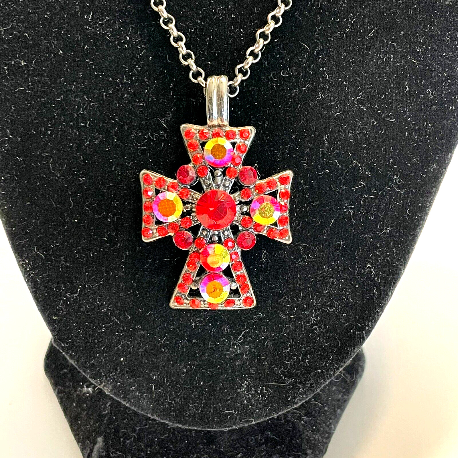 Cross Necklace and Dangle Earring Set Red Aurora Borealis Rhinestones