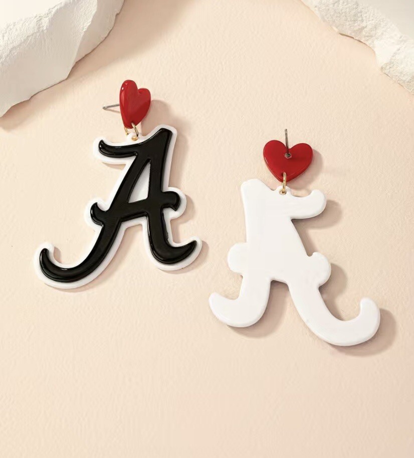 Alabama Crimson Tide Inspired Black Letter A Dangle Earrings