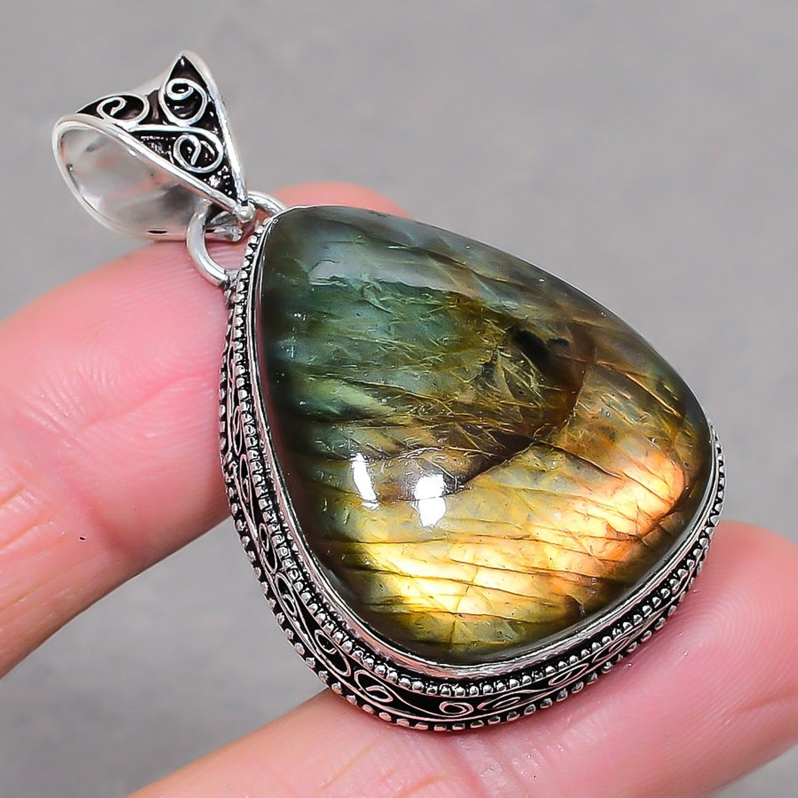 Blue Fire Labradorite Pear Shape Gemstone Pendant Vintage Jewelry 2.1″ VP 3411