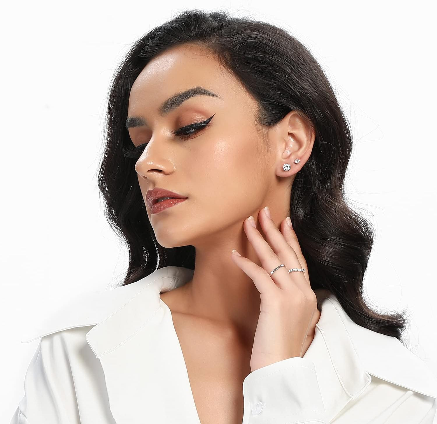 18K White Gold Plated 4 Pong round Clear Cubic Zirconia Stud Earring Pack of 6 P