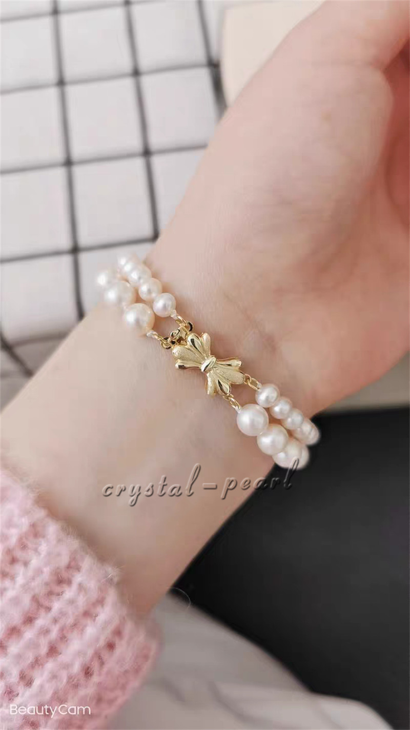 2 ROWS AAA 7-8MM NATURAL AKOYA WHITE PEARL BRACELET 14k CLASP 7.5-8 INCH