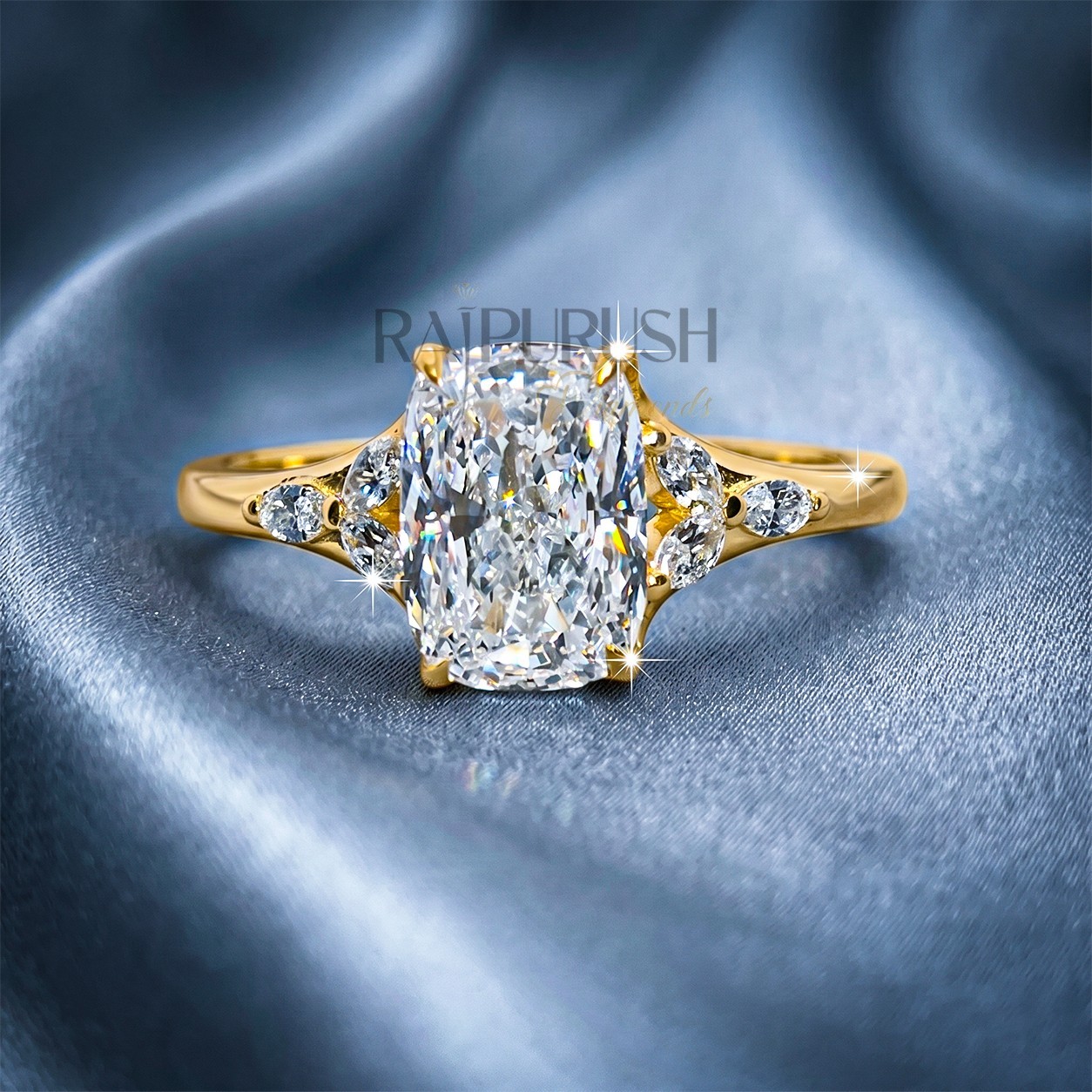 Cushion Solitaire Engagement Ring Marquise Accent Stone 14K Gold Plated-Silver