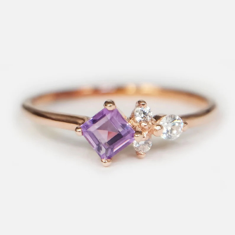 2.36 Ct Princess Simulated Amethyst 14k Yellow Gold Plated Promise Band Ring