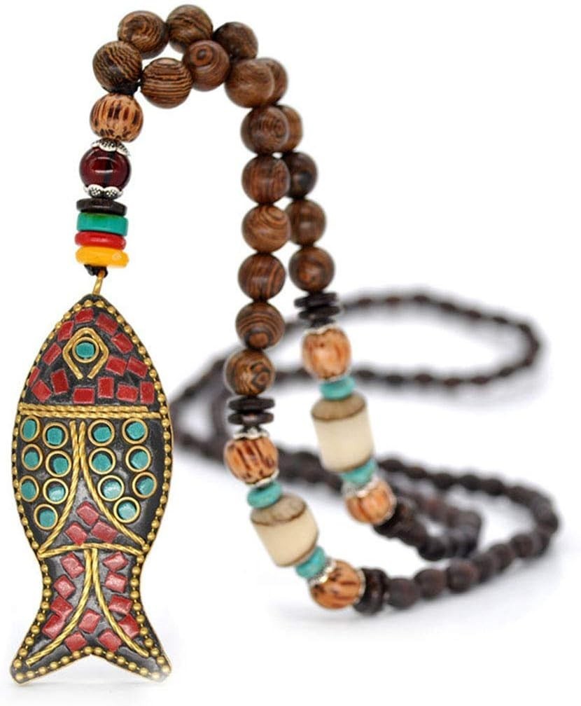 Collar largo vintage hecho a mano con cuentas de madera turquesa para mujer