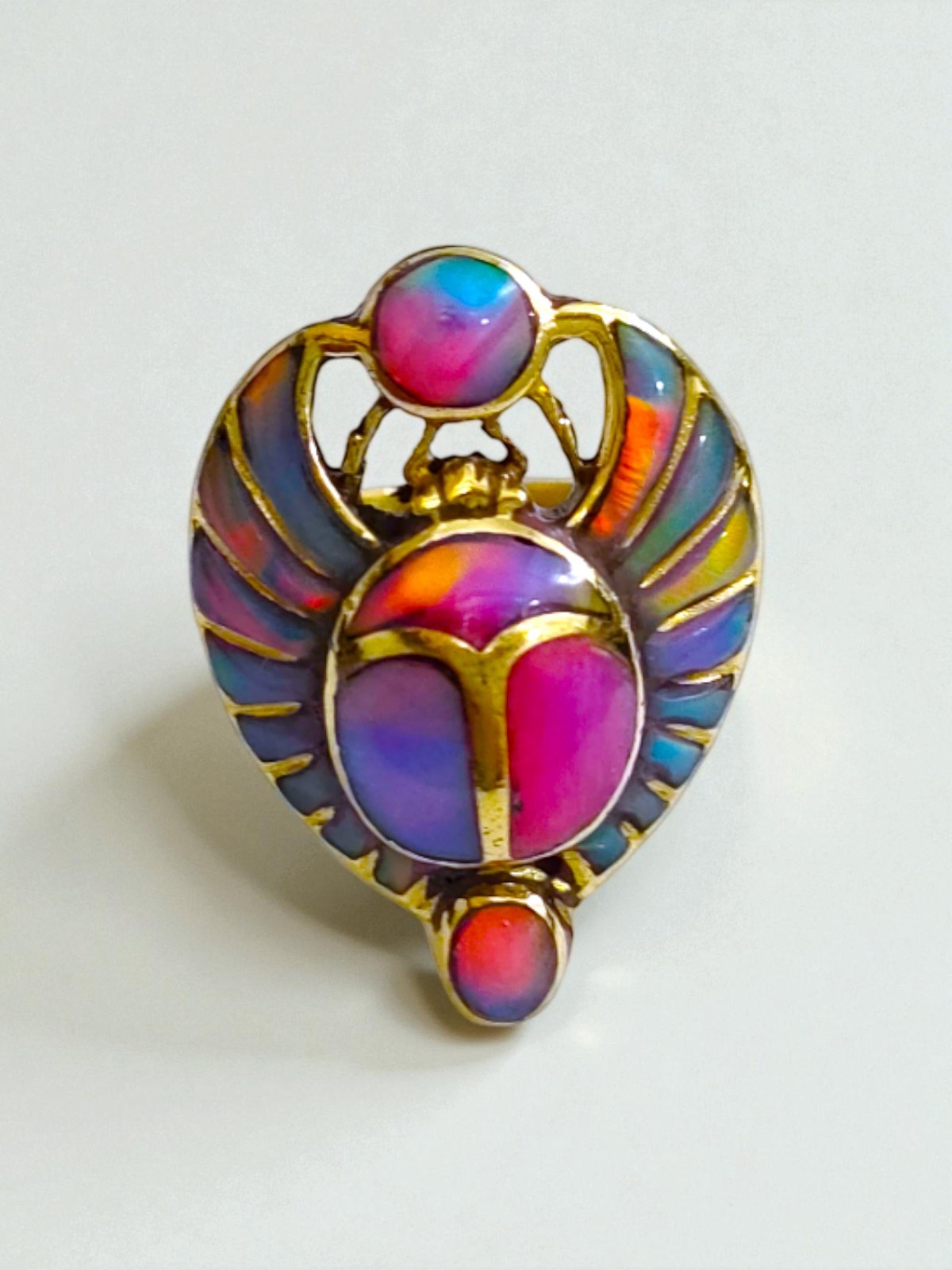 Opal Pinky Gold Scarab Ring, Egyptian Talisman, Adjustable Ring