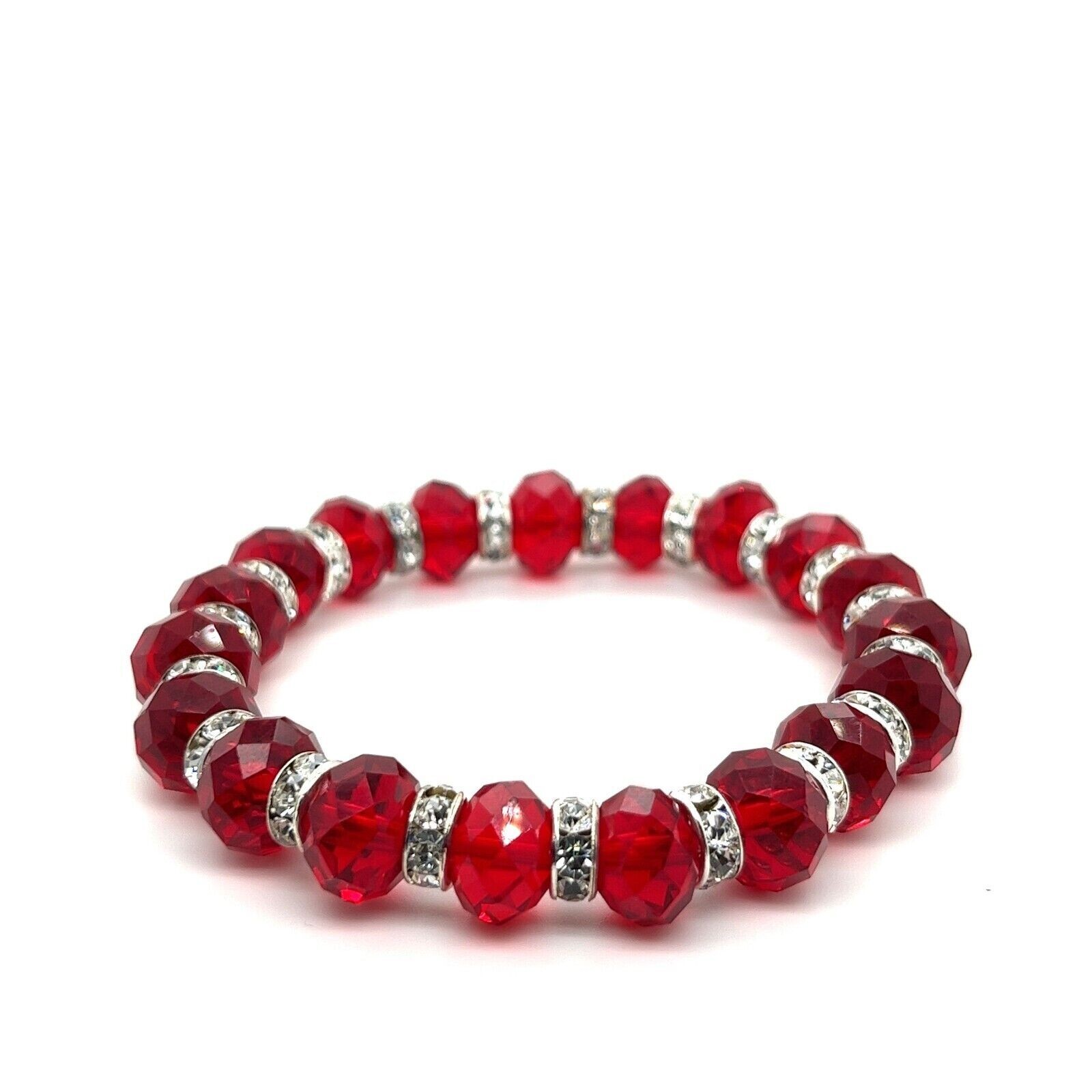 Ruby Red Faceted Resin Crystal Beaded Stretch Bracelet Austrian Czech CZ