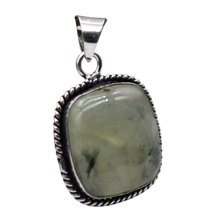 Prehnite Natural Gemstone Antique Silver Plated Pendant 1.5″ J 1605