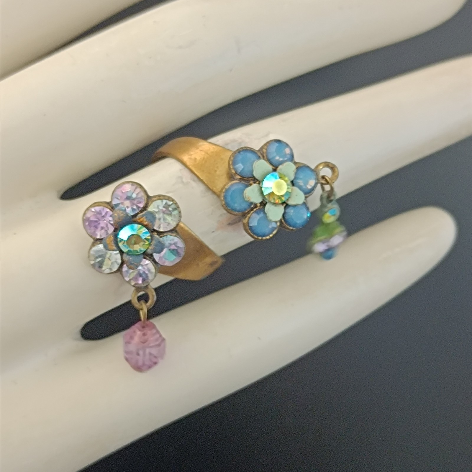 Michal Negrin Split Shank Floral Ring Romantic Boho Crystal Charm Statement VTG