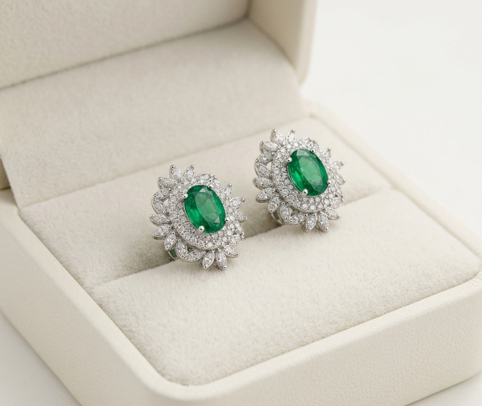 Green Oval CZ Stone 925 Silver Double Halo Leaf Inspire Engagement Stud Earrings
