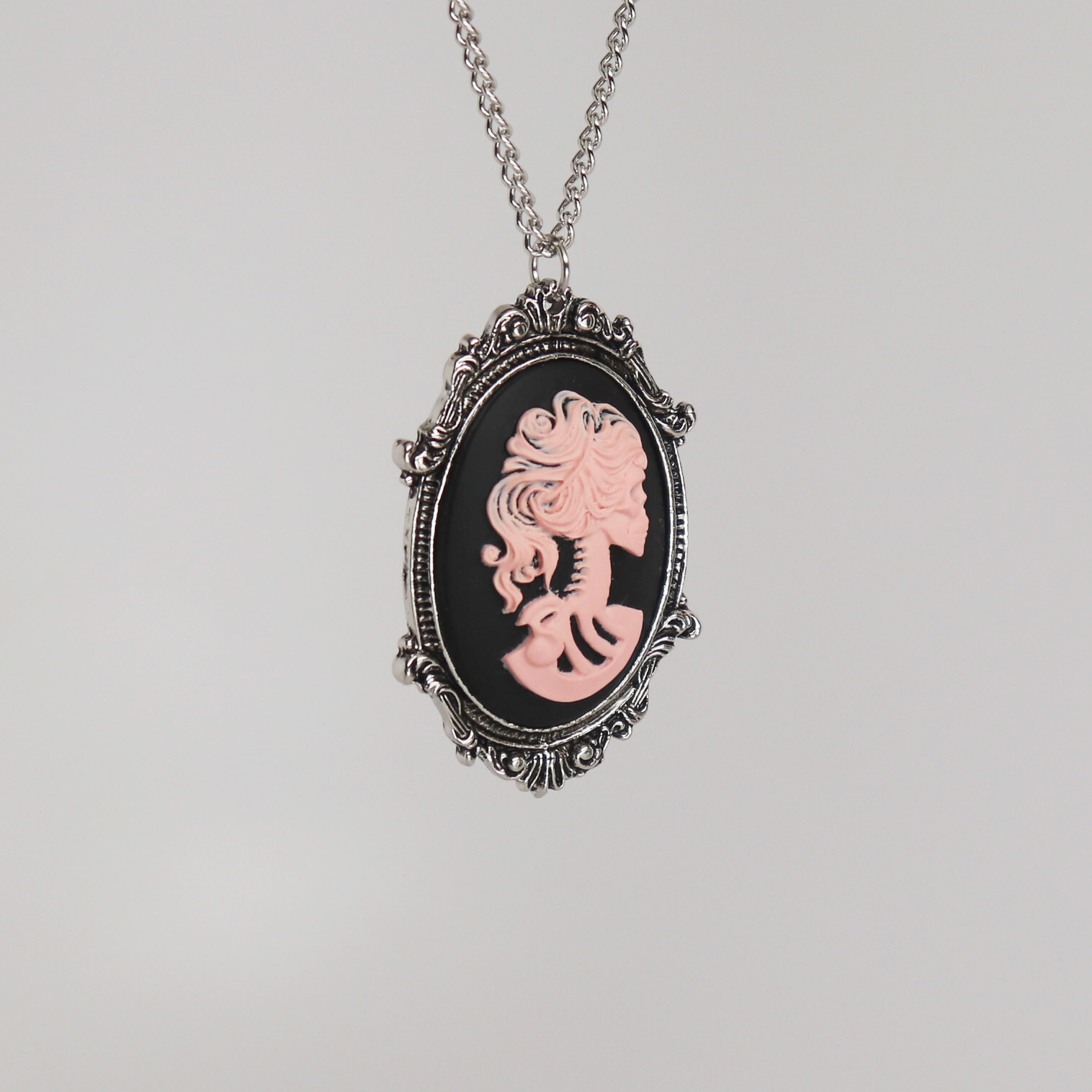 Gothic Lolita Skull Cameo Black & Pink in Silver Frame Pendant Necklace NK-629PB