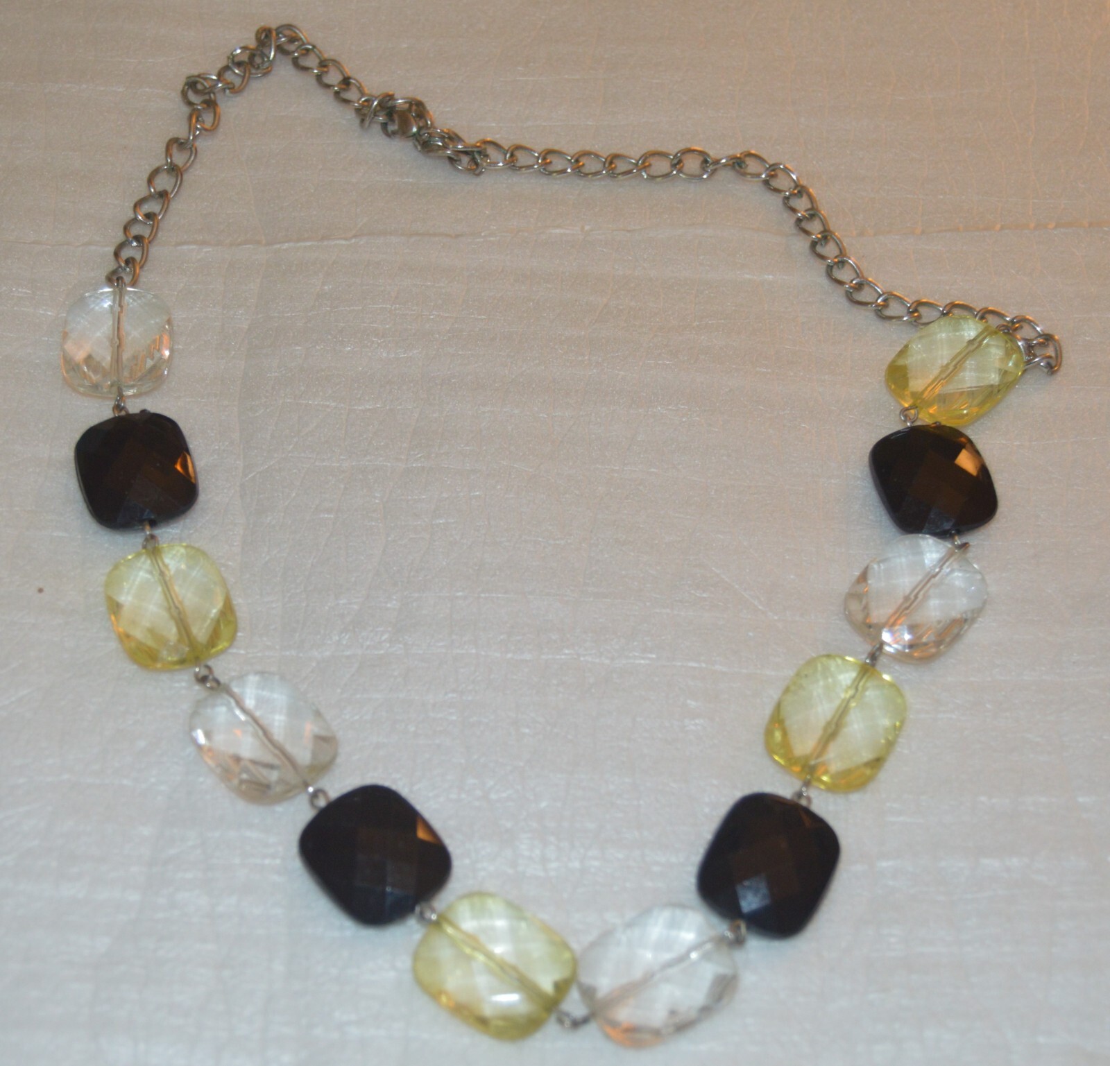 Black, Yellow & Clear Rectangle Bead Necklace on Silver Chains