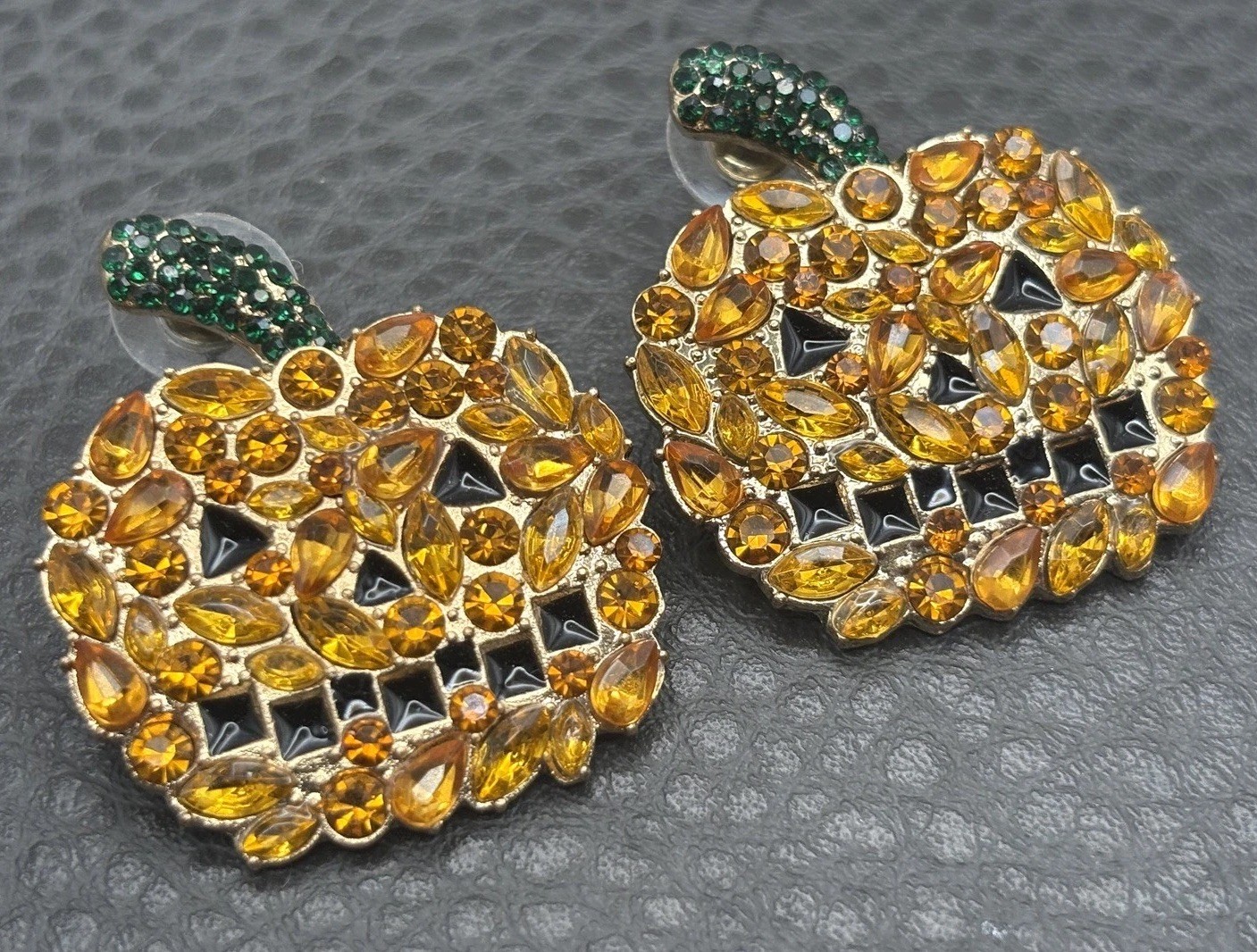 Cute Halloween Pumpkin Orange And Green Rhinestone Crystal Statement Earrings
