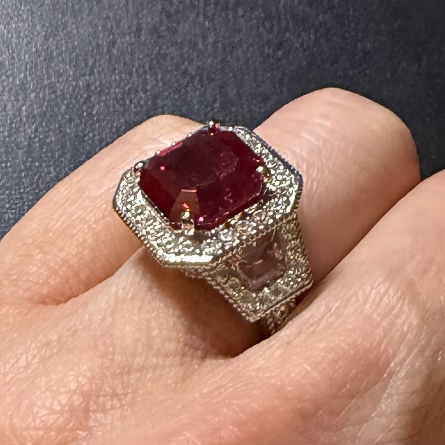 Judith Ripka Lab Ruby, Pink CZ Trapezoid sides, & pave CZ Celebration Ring, Sz 6