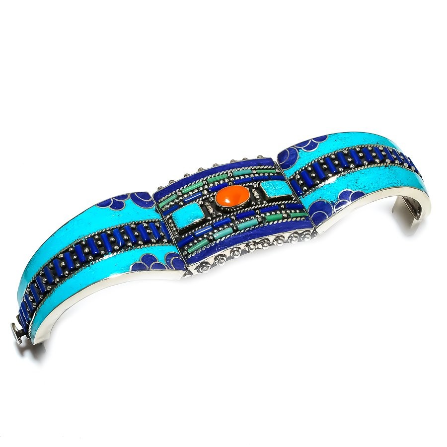 Coral Turquoise Lapis Lazuli Cuff Bohemian Antique Vintage Nepali Jewelry NC 759