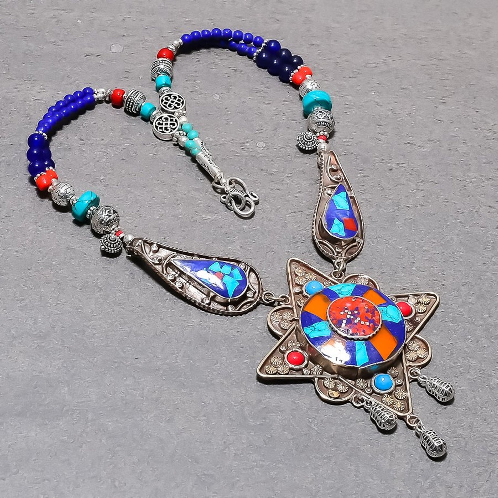 Coral Tibetan Turquoise Lapis lazuli Handmade Nepali Beaded Necklace 18″ SR 838