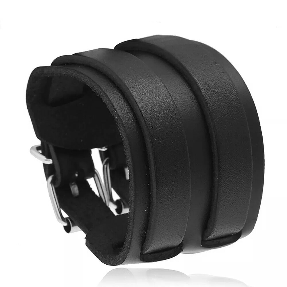 Men’s Punk Rocker Biker Gothic Heavy Wide Leather Straps Wristband Cuff Bracelet