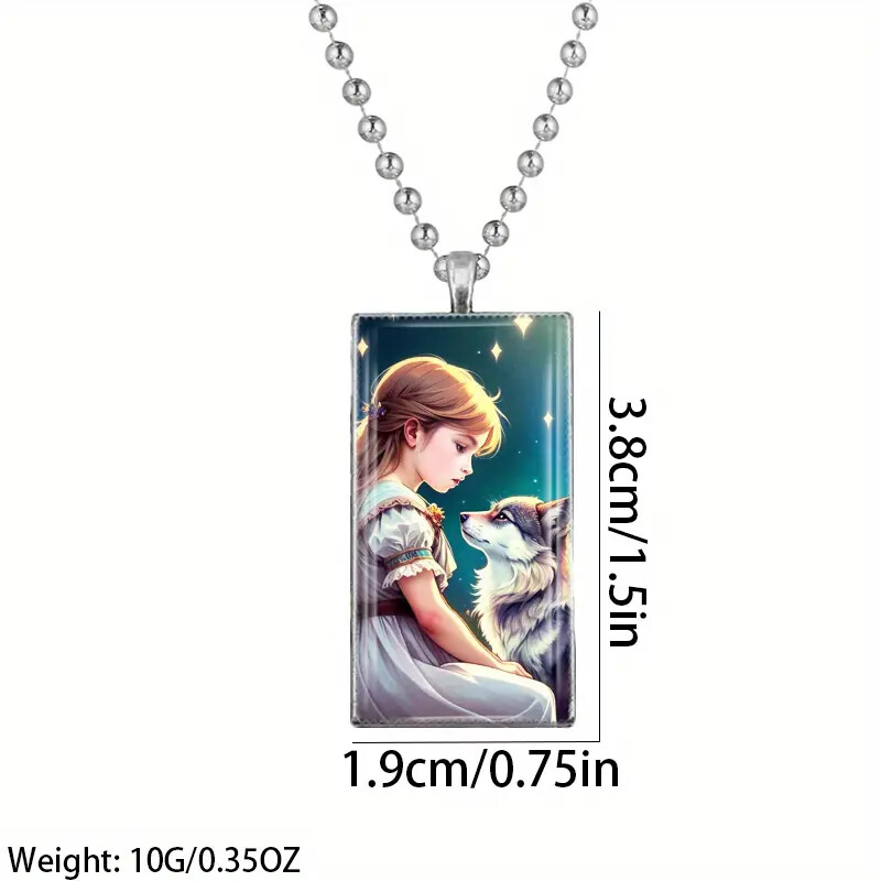 Creative Girl With Wolf Pattern Rectangular Pendant Necklace – Great Gift Idea