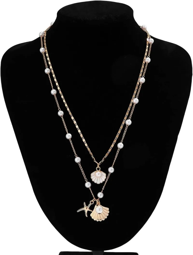 Gold Sea Shell Layer Charm Necklace for Women Boho Summer pearl Seashell Beach S