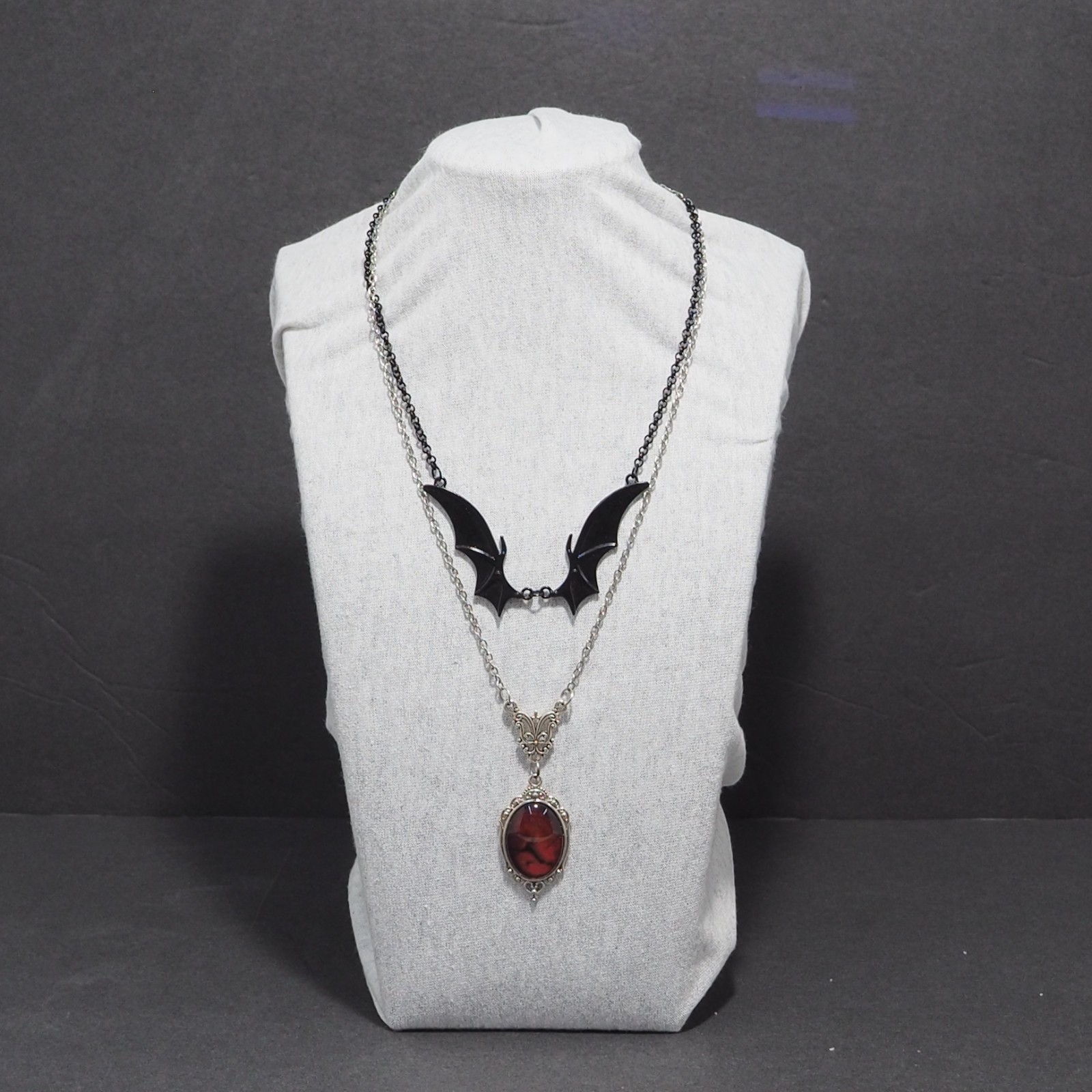 Gothic Vampire Bat Wing Witchy Necklace Set Red Cabochon Layered Dark Cosplay