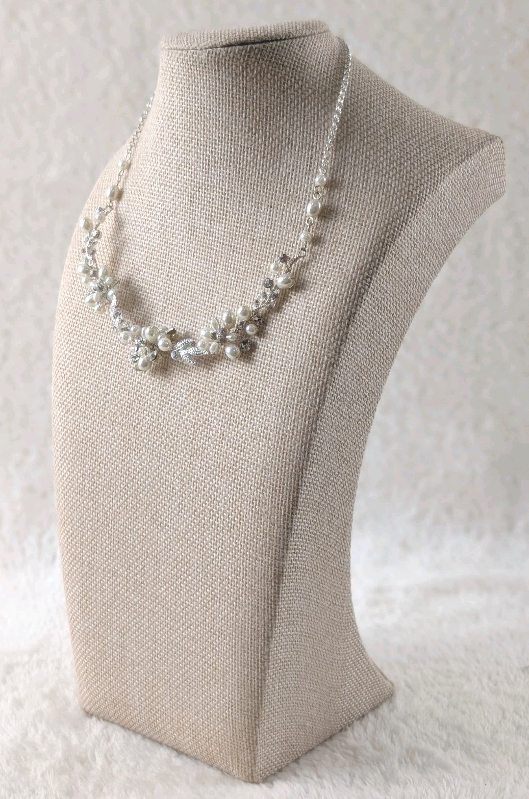 Pearl & Crystal Floral Statement Necklace Silver Tone Bridal Formal