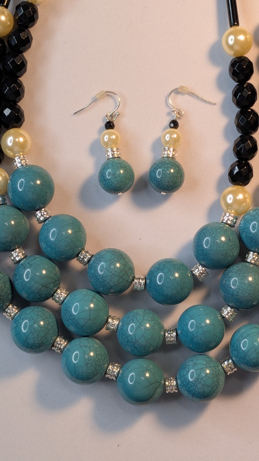 Turquoise Blue & Black Multi-Strand Beaded Necklace & Dangle Earrings Set