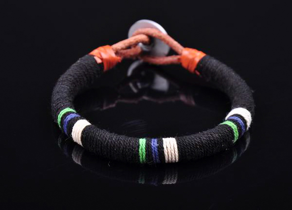 S471 Surfer Cotton Wrap Leather Men’s Leather Wristband Bracelet Cuff Black