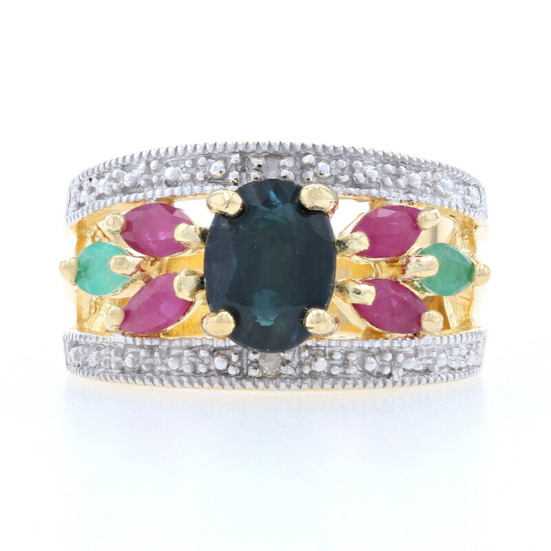 Silver Sapphire Ruby Emerald Diamond Floral Ring -925 Gold Plated 2.46ctw Sz 7