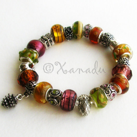 Autumn Treasures European Style Charm Bracelet – Gold Green Amber Fall Colors