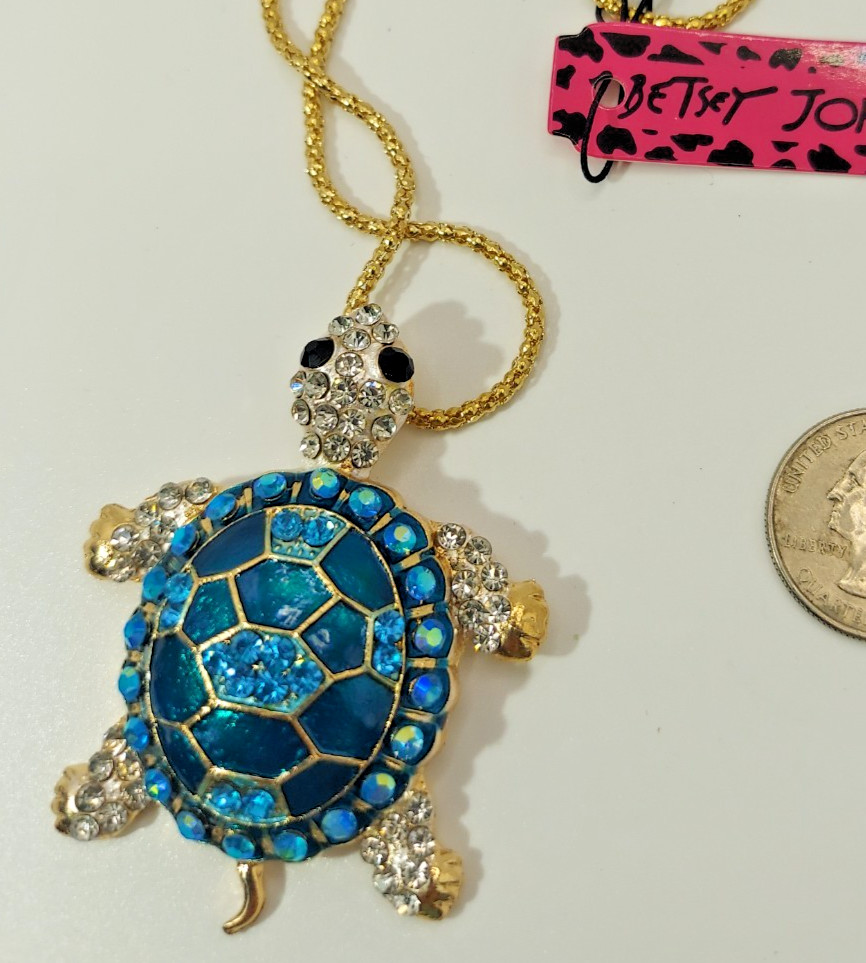 Brilliant 3D Jewel TURTLE Blue Rhinestone Betsey Johnson Tortoise Necklace-Gift