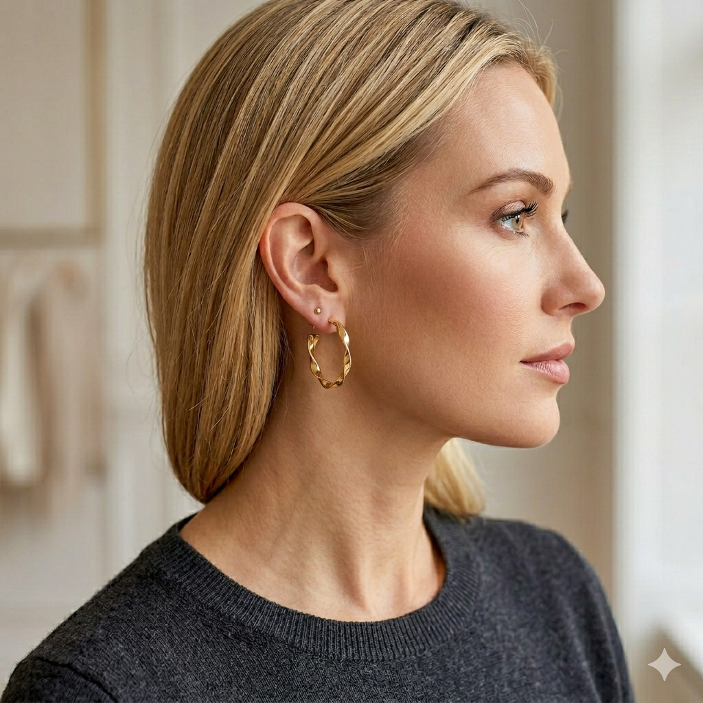 Gold Twisted Hoop Earrings Bold Medium Wave Wavy Statement Chunky Hoop C-Shaped
