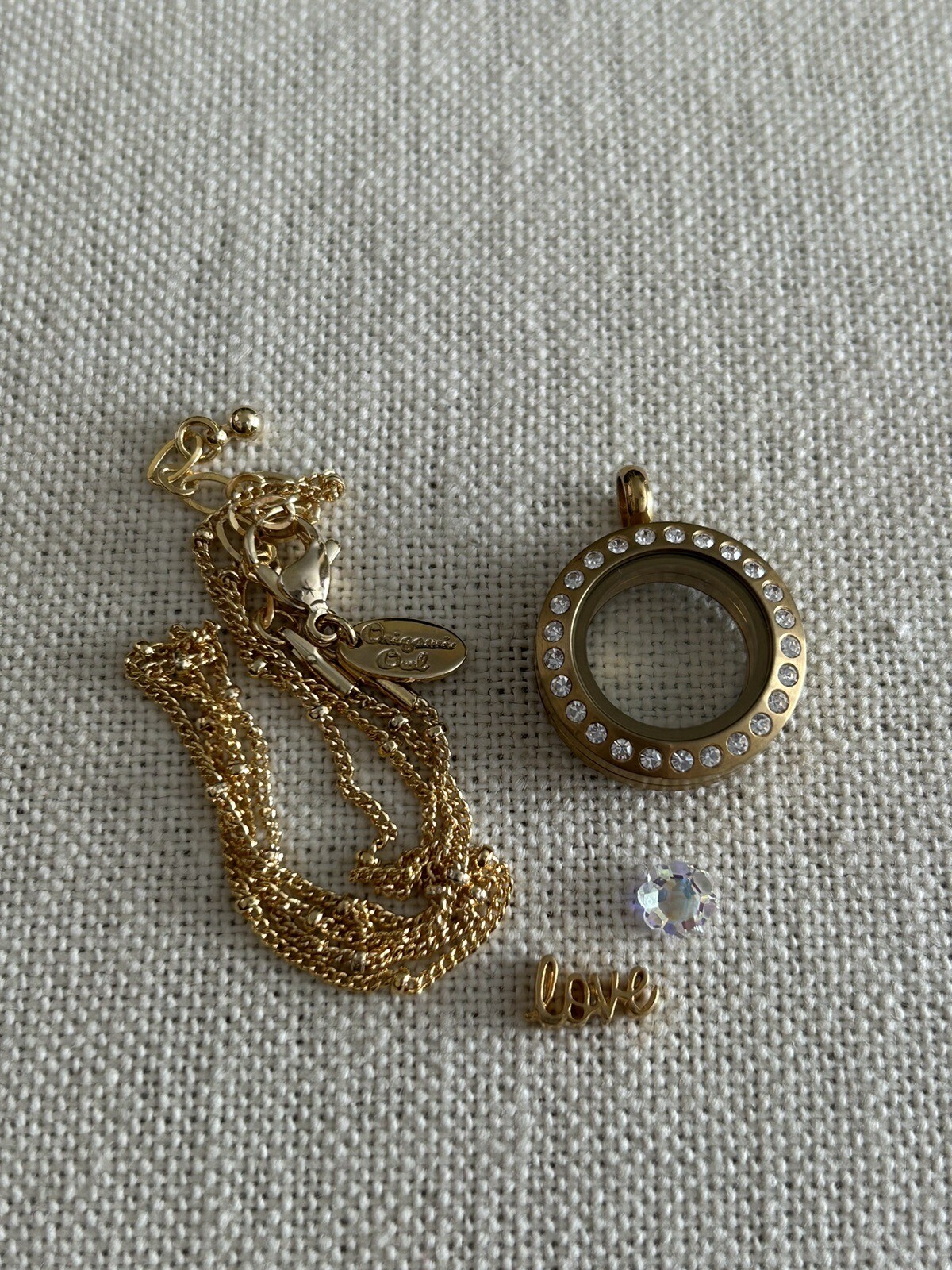 Origami Owl Gold Crystal Mini Locket w/Charms & 16-18″ Ball Station Chain “New”