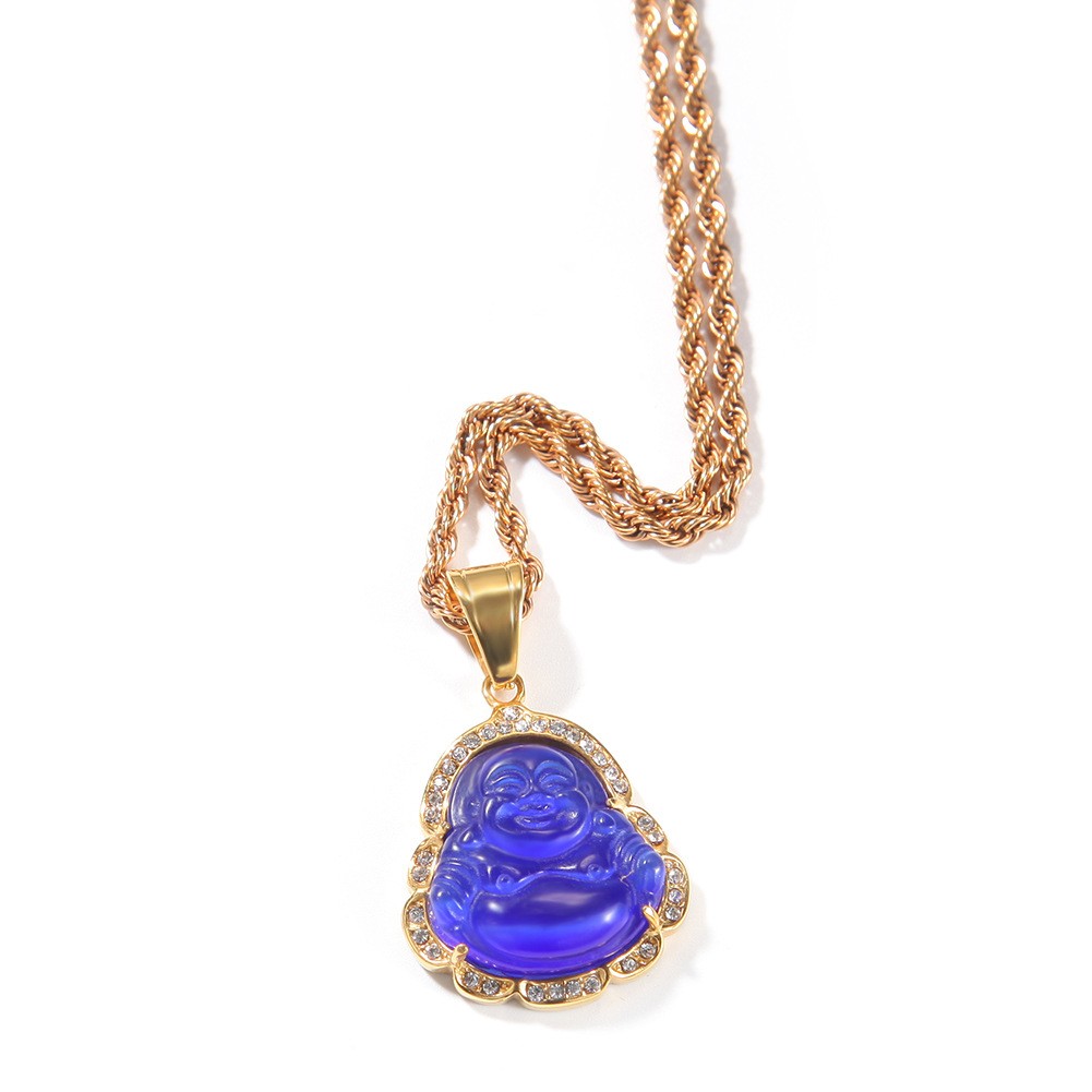 Hip Hop Stainless Steel Maitreya Buddha Pendant Necklace with Rhinestone Jewelry