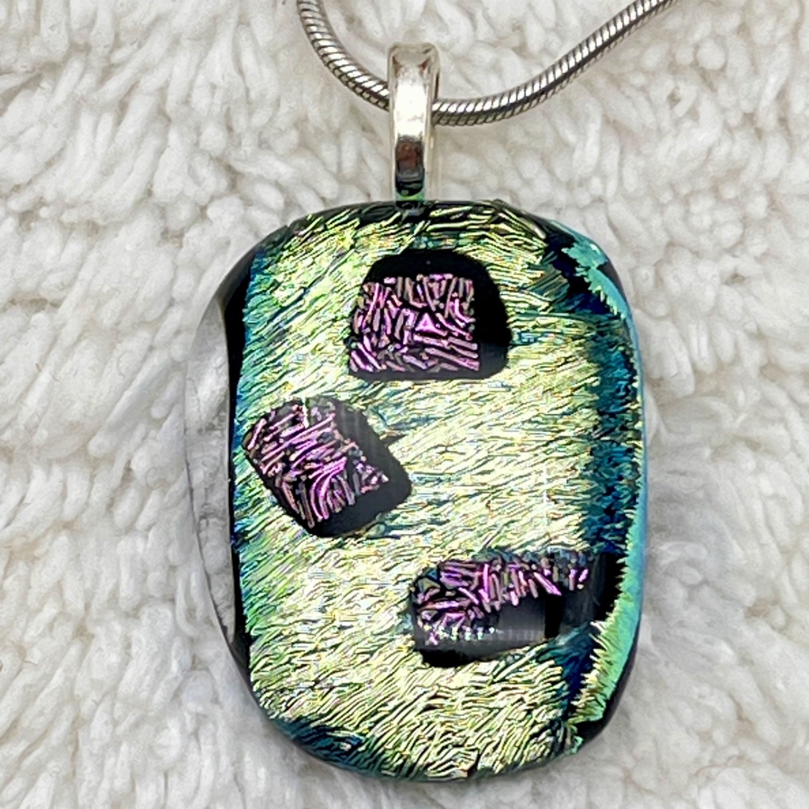 Dichroic Art Glass Pendant Necklace Iridescent Green Purple Black Snake Chain