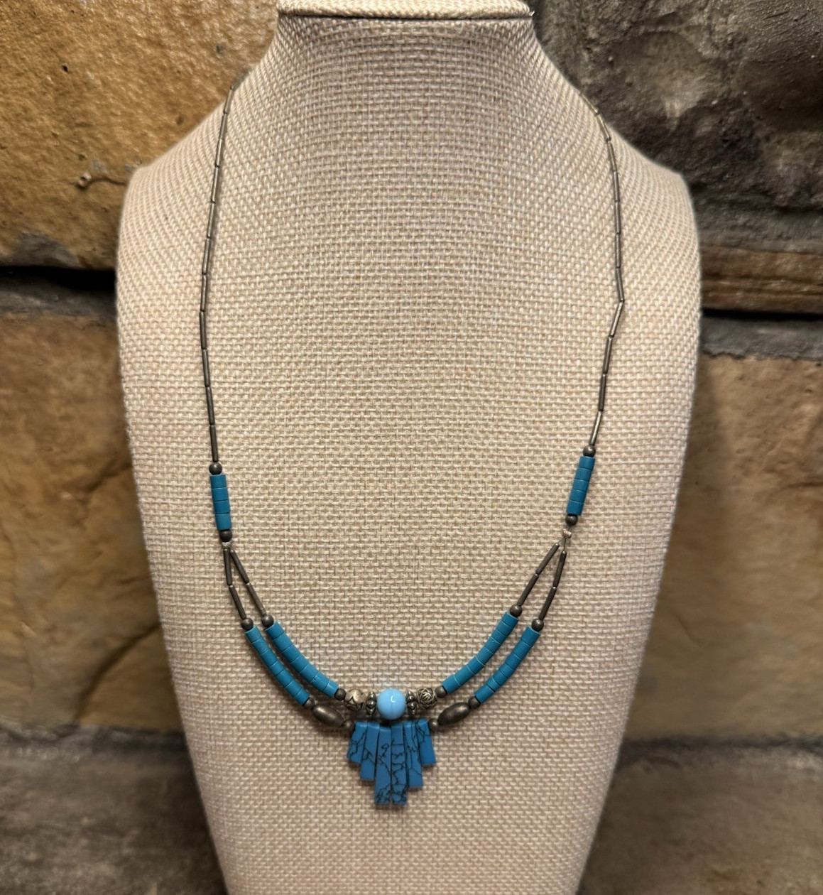 Vintage Turquoise Color Pendant Beaded Snake Necklace Barrel Clasp 19in c1950s