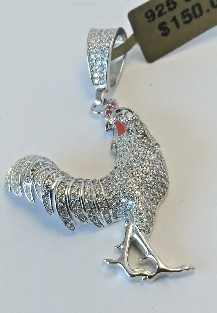 925 Sterling Silver Pendant LARGE Iced ROOSTER CHICKEN cubic zirconia CZ 48X26MM