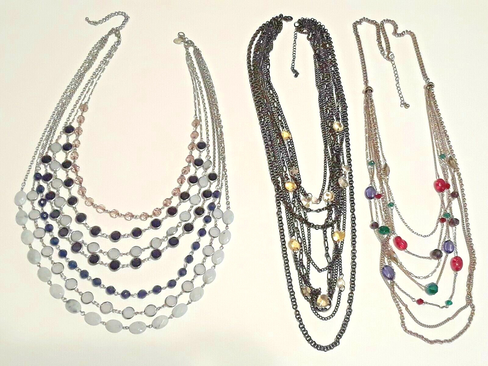 Multi strand cluster necklaces. blue cabochon, beads, 20″ – 32″ long. 2 lobster
