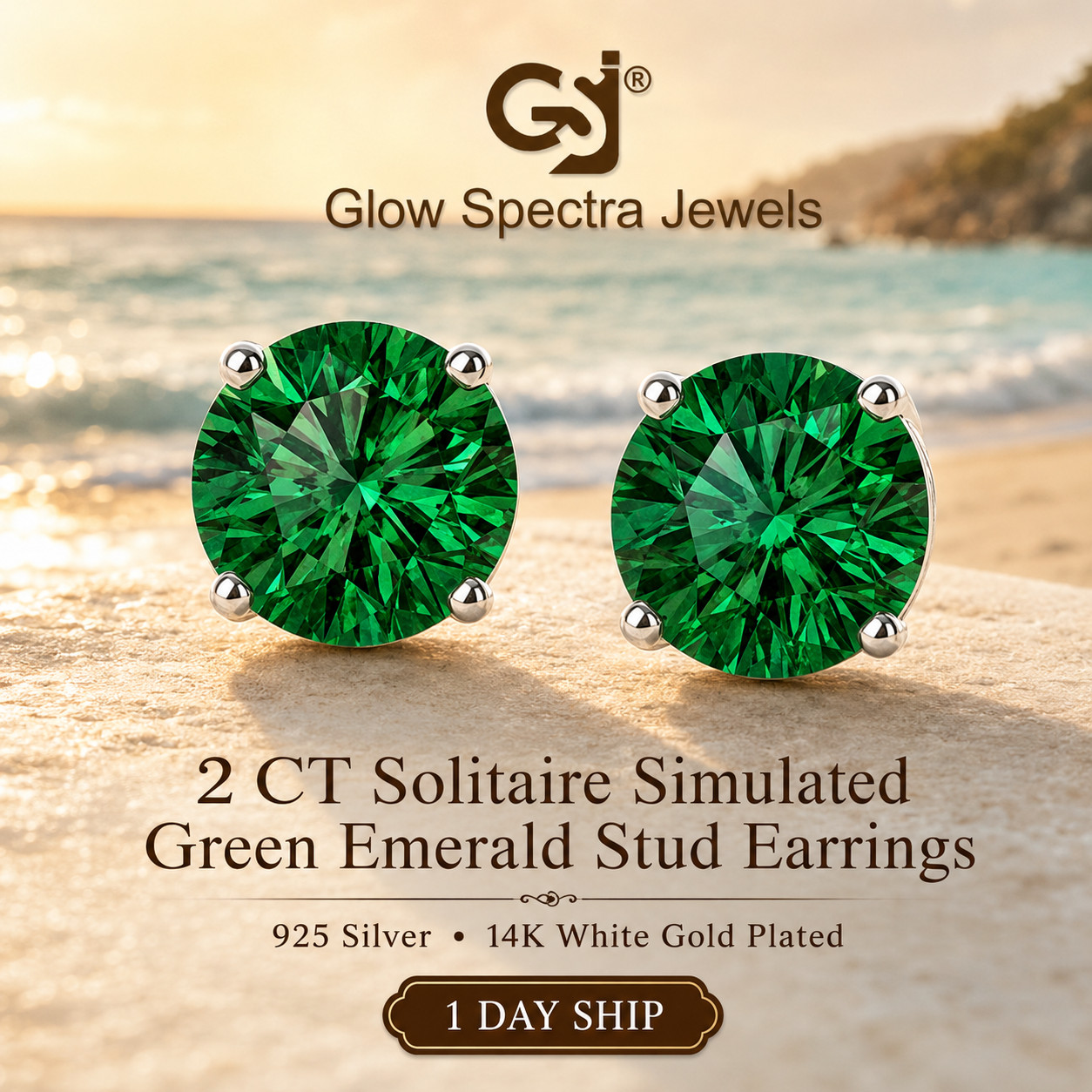 2CT Solitaire Green Emerald Diamond Stud Erring 925 Silver 14k White Gold Plated